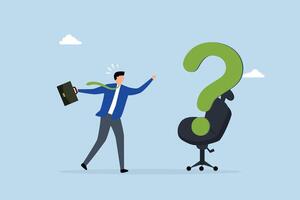 Search for new job position, entrepreneurial applicant pondering with desk seat question mark. vector