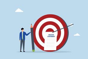 Writing company mission statement, businessman with pencil writing mission statement. vector