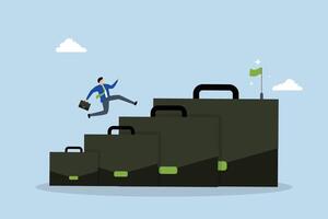 Career growth development plan, entrepreneur expert ascend briefcase staircase to achieve objective above. vector