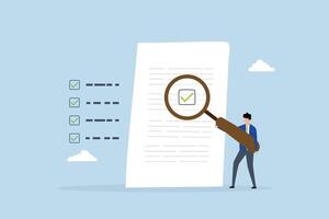 review document, businessman with magnifier inspect document. vector
