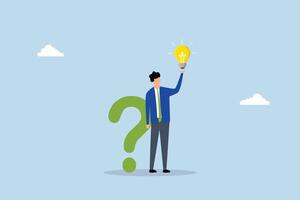 Question and answer, clever entrepreneur with a question mark symbol and lightbulb idea. vector
