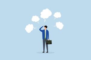 Too many thinking ideas, businessman thinking with many thinking bubbles. vector