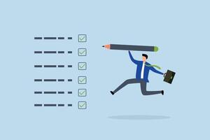 Complete task get work done, joyful entrepreneur leaping energetically after finishing assignments. vector