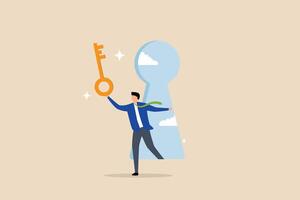 Success secret key discovery, entrepreneur unlocks door via keyhole to present a concealed golden unlocking key. vector