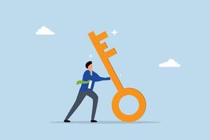 Business key success, entrepreneur exerts great strength on large golden key to resolve issue. vector