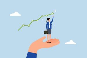 Helping hand support for business success, hand assisting businesswoman in achieving success with ascending graph. vector