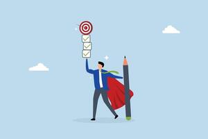 Finish work and achieve goal, entrepreneur hero complete assignment list to reach job goal. vector
