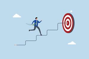 Step to reach goal, entrepreneur aims to shoot arrow on steps to achieve target. vector