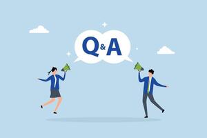 question and answer session, businessman and woman yelling into megaphone during Q and A in speech bubble. vector