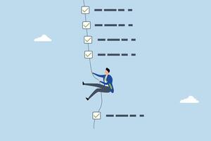 Finish checklist or todo list, entrepreneur ascending rope while marking off tasks on work list. vector