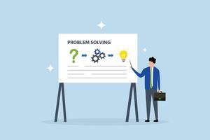 Problem solving skill, Entrepreneur demonstrates issue resolution process on whiteboard. vector