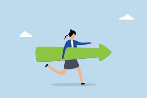 Move forward for success future, entrepreneur sprinting in the direction of arrow. vector