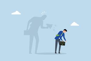 Self criticism, dejected entrepreneur casts shadow of self-accusation using megaphone. vector
