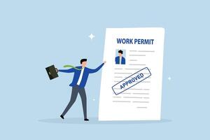 Work permit document approved, businessman employee with approved work permit paper. vector