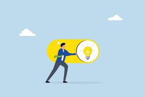 Turn on new idea, entrepreneur flips toggle switch to activate concept. vector