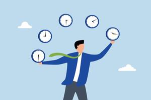Time management, assurance entrepreneur specialist balancing timepiece in varying hours. vector
