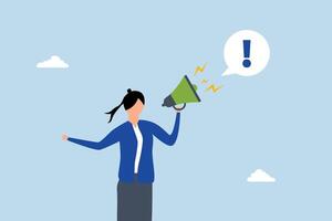 Attention announcement, confident entrepreneur speaking through megaphone with enthusiasm, calling for attention. vector