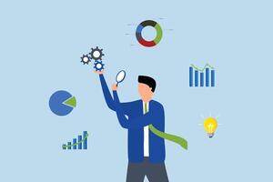 Data analysis chart and report, businessman analyze data with magnifying glass. vector