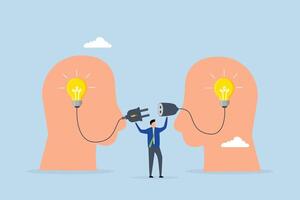Communication for success, entrepreneur links to illuminate lightbulb concept on individual head. vector