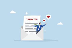 Thank you message, businessman expressing gratitude on a thank you message envelope. vector