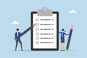Task checklist, business individuals with a clipboard and checklist pencil. vector
