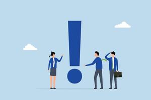 Big exclamation mark for important information, business professionals contemplating significant issue exclamation point. vector