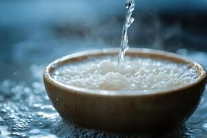 A bowl of rice is being poured into water photo