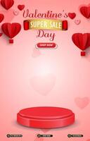 valentine super sale template banner with blank space 3d podium for social media post product sale with abstract gradient pink background design vector