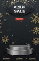 winter sale discount template banner with blank space 3d podium for social media post product sale with abstract gradient black background design vector