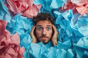 A man is hiding behind a pile of crumpled paper photo