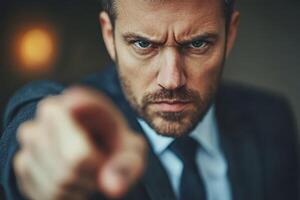 A man in a suit pointing at something photo