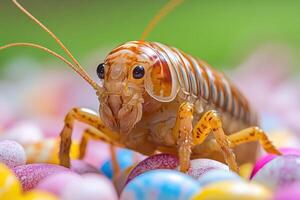 A large insect is sitting on a pile of colorful eggs photo