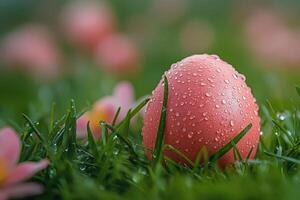 An easter egg is sitting in the grass with water droplets on it photo
