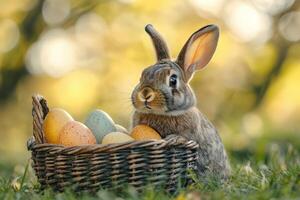 A rabbit is sitting in a basket with eggs photo