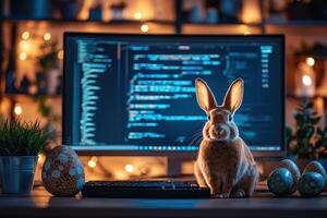 A bunny is sitting in front of a computer monitor photo