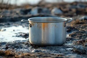 A pot sitting on top of a muddy field photo
