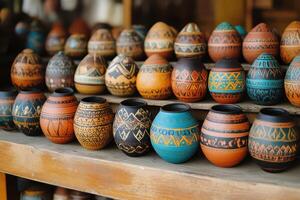 Many colorful vases are on display in a shop photo