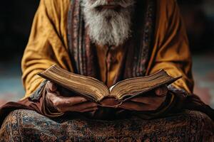 An old man with a long beard and beard is reading a book photo