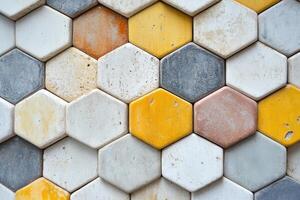 A wall with many different colored hexagon tiles photo