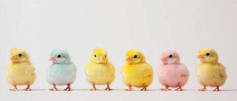 A row of small colorful chicks standing in a row photo