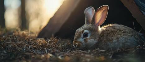 A rabbit is sitting in the grass near a tree photo