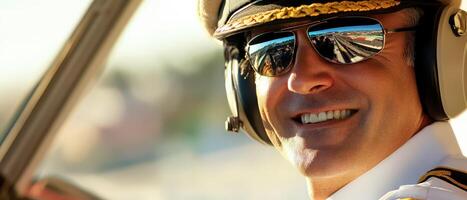 A smiling man in a pilot's uniform and sunglasses photo
