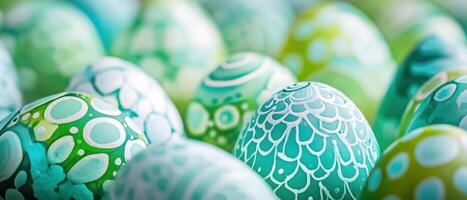 Many colorful eggs are arranged in a row photo