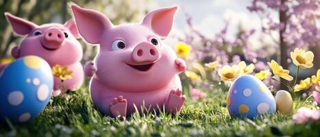 Three pink pigs are standing in a field with colorful eggs photo