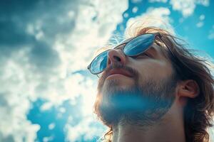 A man with sunglasses looking up at the sky photo