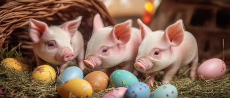 Three little pigs are standing in front of colorful eggs photo