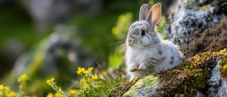 A white rabbit sitting on a rock in the grass photo