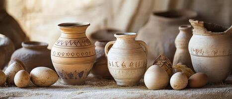 A group of vases and eggs sitting on a table photo