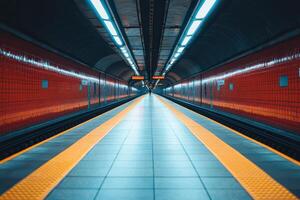 A subway train is seen in a dark tunnel photo