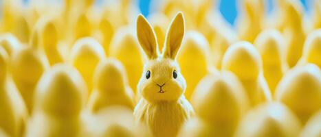 A yellow rabbit is standing in a crowd of yellow plastic figures photo